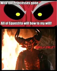 Size: 496x617 | Tagged: safe, banned from derpibooru, deleted from derpibooru, derpibooru import, lord tirek, caption, darkness, exploitable meme, fire, image macro, legend, meme, text, tim curry, tirek vs everyone meme