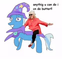 Size: 500x472 | Tagged: safe, artist:dellovan, banned from derpibooru, deleted from derpibooru, derpibooru import, trixie, human, comic sans, digital art, ms paint, paula deen, photo, riding