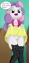 Size: 768x1622 | Tagged: suggestive, artist:ohohokapi, banned from derpibooru, deleted from derpibooru, derpibooru import, sweetie belle, equestria girls, clothes, lolicon, panties, skirt, skirt lift, socks, solo, underage, underwear, upskirt, white underwear