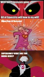 Size: 586x1032 | Tagged: safe, banned from derpibooru, deleted from derpibooru, derpibooru import, lord tirek, cow, cow and chicken, exploitable meme, meme, spanish, supercow, superhero, tirek is doomed, tirek vs everyone meme, udder