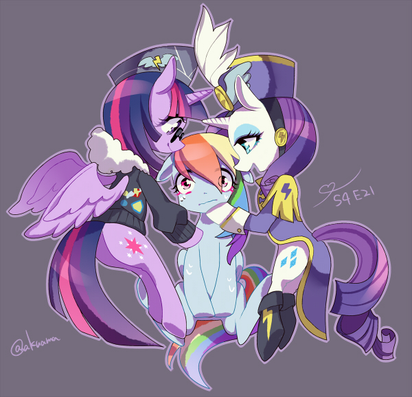 Size: 600x578 | Tagged: safe, artist:rinn11201, banned from derpibooru, deleted from derpibooru, derpibooru import, commander easy glider, rainbow dash, rarity, twilight sparkle, twilight sparkle (alicorn), alicorn, testing testing 1-2-3, ancient wonderbolts uniform, blushing, clothes, female, lesbian, ot3, polyamory, raridash, raritwidash, sgt. rarity, shipping, sweat, twidash, uniform, wonderbolts uniform