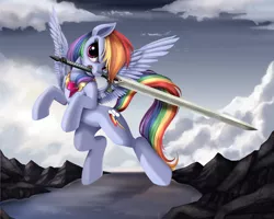 Size: 2500x2000 | Tagged: safe, artist:ponykillerx, banned from derpibooru, deleted from derpibooru, derpibooru import, rainbow dash, element of harmony, element of loyalty, epic, flying, glare, looking at you, mouth hold, river, sky, solo, spread wings, sword, weapon, wings