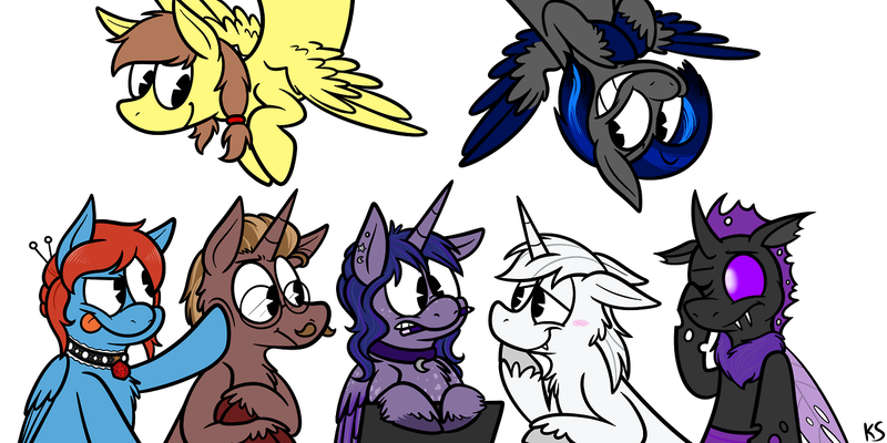 Size: 1280x640 | Tagged: safe, artist:karpet-shark, banned from derpibooru, deleted from derpibooru, derpibooru import, oc, oc:darkfire, oc:dice magica, oc:moonbrush, oc:rory kenneigh, oc:sureibu, oc:ultima, oc:warpchild, unofficial characters only, alicorn, changeling, alicorn oc, choker, drawing tablet, facehoof, horn, wings