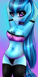 Size: 900x1797 | Tagged: suggestive, artist:pastelmistress, banned from derpibooru, deleted from derpibooru, derpibooru import, sonata dusk, anthro, equestria girls, rainbow rocks, armpits, belly button, bra, breasts, cleavage, clothes, female, fishnets, panties, pony ears, sexy, solo, stockings, thigh highs, underwear