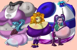 Size: 1280x837 | Tagged: suggestive, artist:necrofeline, banned from derpibooru, deleted from derpibooru, derpibooru import, adagio dazzle, aria blaze, octavia melody, sonata dusk, vinyl scratch, human, equestria girls, rainbow rocks, ass, belly, belly button, big belly, big breasts, blueberry inflation, breasts, busty adagio dazzle, butt, cleavage, clothes, fat, huge belly, huge breasts, huge butt, humanized, immobile, impossibly large belly, impossibly large breasts, impossibly large butt, impossibly large everything, inflation, large butt, morbidly obese, nudity, obese, sonata donk, the ass was fat, the dazzlings, underwear