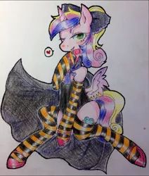 Size: 599x707 | Tagged: suggestive, artist:divided-s, banned from derpibooru, deleted from derpibooru, derpibooru import, princess cadance, clothes, one eye closed, socks, solo, stockings, striped socks, thigh highs, traditional art, wink