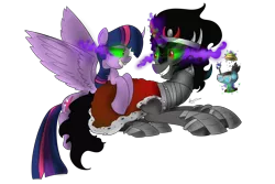 Size: 6000x4000 | Tagged: safe, artist:amarcato, banned from derpibooru, deleted from derpibooru, derpibooru import, king sombra, shining armor, twilight sparkle, twilight sparkle (alicorn), alicorn, pony, armor, corrupted, corrupted twilight sparkle, cup, dark magic, drink, female, food, lemon, magic, male, mare, shipping, simple background, sombra eyes, straight, transparent background, twibra