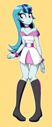 Size: 800x1951 | Tagged: safe, artist:ashleynicholsart, banned from derpibooru, deleted from derpibooru, derpibooru import, sonata dusk, equestria girls, rainbow rocks, alternate costumes, alternate hairstyle, bracelet, choker, clothes, dress, loose hair, shoulderless, smiling, socks, solo, spiked wristband, thigh highs, wristband