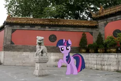 Size: 1024x683 | Tagged: safe, artist:hawk9mm, artist:laopokia, banned from derpibooru, deleted from derpibooru, derpibooru import, twilight sparkle, big cat, lion, pony, china, irl, photo, ponies in real life, raised hoof, solo, statue, stone, vector