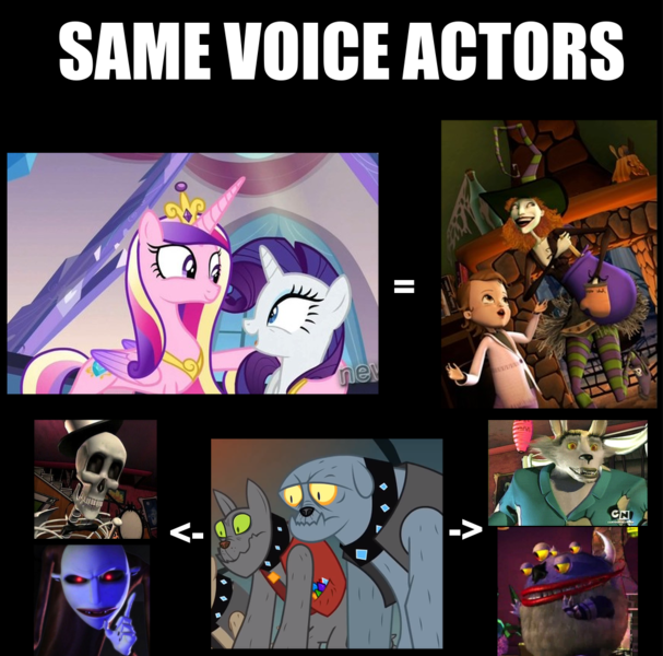 Size: 1024x1012 | Tagged: safe, banned from derpibooru, deleted from derpibooru, derpibooru import, fido, princess cadance, rarity, rover, diamond dog, bugaboo, caption, cartoon network, count max, english, exploitable meme, hannah marie, harry the werewolf, image, image macro, meme, png, same voice actor, scary godmother, scary godmother: halloween spooktacular, skully pettibone, text, voice actor joke