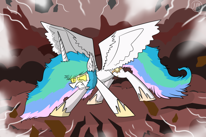 Size: 3000x2000 | Tagged: safe, artist:amarcato, banned from derpibooru, deleted from derpibooru, derpibooru import, princess celestia, angry, fangs, fierce, gritted teeth, lightning, solo, spread wings, wings