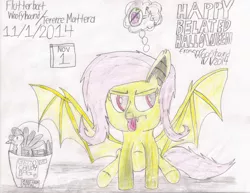 Size: 2197x1696 | Tagged: safe, artist:xwoofyhoundx, banned from derpibooru, deleted from derpibooru, derpibooru import, fluttershy, bat pony, annoyed, apple, bat ponified, colored pencil drawing, crayon, flutterbat, food, november, race swap, sketch, tongue out, traditional art, wip