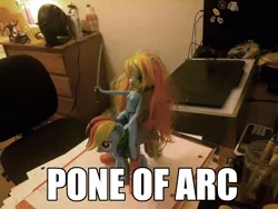 Size: 1600x1200 | Tagged: safe, banned from derpibooru, deleted from derpibooru, derpibooru import, rainbow dash, pony, equestria girls, caption, human ponidox, image macro, joan of arc, meme, pone of arc, pun, self ponidox, sword, text, toy, weapon