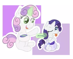 Size: 1373x1115 | Tagged: safe, artist:vitriolink, banned from derpibooru, deleted from derpibooru, derpibooru import, rarity, sweetie belle, pony, age regression, baby, baby pony, diaper, female, foal, poofy diaper, role reversal, siblings, sisters