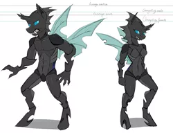 Size: 1523x1167 | Tagged: safe, artist:harmoniousrain, banned from derpibooru, deleted from derpibooru, derpibooru import, anthro, changeling, unguligrade anthro, abs, belly button, concept art, female, male