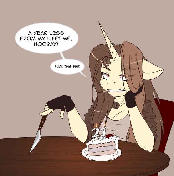 Size: 1126x1141 | Tagged: safe, artist:harmoniousrain, banned from derpibooru, deleted from derpibooru, derpibooru import, oc, oc:golden pen, unofficial characters only, anthro, unicorn, birthday, knife, solo, vulgar