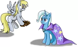 Size: 778x472 | Tagged: safe, artist:applelight limited, banned from derpibooru, deleted from derpibooru, derpibooru import, derpy hooves, trixie, pegasus, pony, unicorn, fanfic, digital art, duo, fanfic art, fanfic cover, female, mare, pinecone, simple background, white background