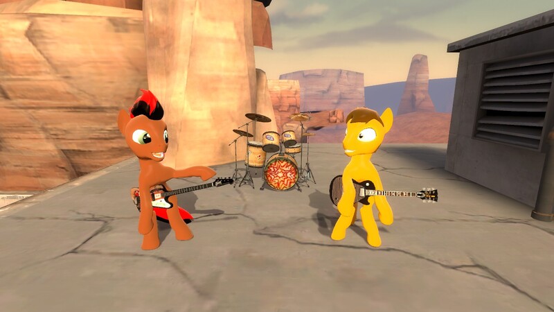 Size: 1280x720 | Tagged: safe, artist:lokosfermincho, banned from derpibooru, deleted from derpibooru, derpibooru import, oc, oc:lolman, oc:spot light, unofficial characters only, 3d, band, bass guitar, drums, gmod, guitar, musical instrument