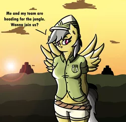 Size: 800x773 | Tagged: safe, artist:sparkdraws, banned from derpibooru, deleted from derpibooru, derpibooru import, daring do, anthro, clothes, hat, looking at you, rope, shirt, shorts, sunset, temple