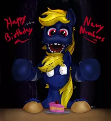 Size: 1100x1200 | Tagged: semi-grimdark, artist:paladin-drakkenwolf, banned from derpibooru, deleted from derpibooru, derpibooru import, oc, oc:navy numbers, unofficial characters only, robot, animatronic, cake, five nights at freddy's, food, happy birthday, imminent death, imminent rape, imminent sex