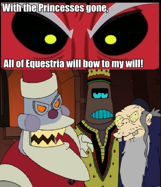 Size: 585x681 | Tagged: safe, banned from derpibooru, deleted from derpibooru, derpibooru import, lord tirek, robot, chanukah zombie, exploitable meme, futurama, kwanzaa-bot, meme, robot santa claus, the trinity's going to war, this will end in death, tirek is doomed, tirek vs everyone meme