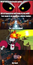 Size: 581x1120 | Tagged: safe, banned from derpibooru, deleted from derpibooru, derpibooru import, lord tirek, exploitable meme, master builder, meme, my eyes, the lego movie, tirek vs everyone meme, tirek wins for once, vitruvius