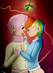 Size: 1110x1526 | Tagged: suggestive, artist:jhyperx, artist:jphyperx, banned from derpibooru, deleted from derpibooru, derpibooru import, fluttershy, rainbow dash, human, anatomical horror, butterdash, butterscotch, clothes, female, flutterdash, half r63 shipping, holly, holly mistaken for mistletoe, humanized, male, rule 63, shipping, straight, sweater, sweatershy