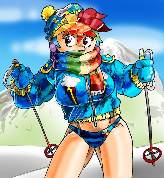 Size: 920x1000 | Tagged: suggestive, artist:davide76, banned from derpibooru, deleted from derpibooru, derpibooru import, rainbow dash, human, big breasts, breasts, clothes, hat, humanized, jacket, scarf, skiing, solo, striped underwear, underwear