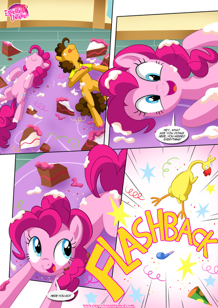 Size: 1024x1447 | Tagged: questionable, artist:bbmbbf, banned from derpibooru, deleted from derpibooru, derpibooru import, boneless, cheese sandwich, pinkie pie, comic:sweet treats, equestria untamed, breaking the fourth wall, cake, carpet, comic, food, on back, palcomix, talking to viewer
