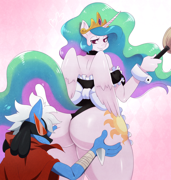 Size: 1992x2089 | Tagged: questionable, artist:ss2sonic, banned from derpibooru, deleted from derpibooru, derpibooru import, princess celestia, oc, oc:kamin'anu, anthro, lucario, ass, butt, butt grab, butt touch, clothes, explicit source, grope, looking back, maid, maidlestia, non-mlp oc, panties, pervert, pokémon, praise the sun, sunbutt, tengen toppa gurren lagann, the ass was fat, thong, underwear, wide hips