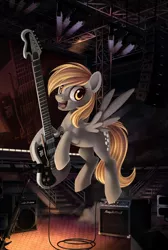 Size: 810x1206 | Tagged: safe, artist:ponykillerx, banned from derpibooru, deleted from derpibooru, derpibooru import, derpy hooves, pegasus, pony, electric guitar, female, guitar, mare, musical instrument, solo, stage, underp