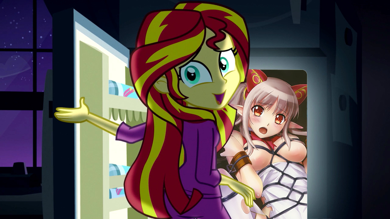Size: 1280x720 | Tagged: questionable, banned from derpibooru, deleted from derpibooru, derpibooru import, sunset shimmer, equestria girls, rainbow rocks, aldra, bondage, exploitable meme, meme, obligatory pony, pinkie's refrigerator, queen's blade, queen's blade rebellion, refrigerator, shibari