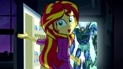 Size: 1280x720 | Tagged: safe, banned from derpibooru, deleted from derpibooru, derpibooru import, sunset shimmer, equestria girls, rainbow rocks, 1000 years in photoshop, decepticon, exploitable meme, meme, obligatory pony, pinkie's refrigerator, shockwave, transformers, transformers prime