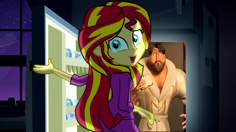 Size: 1280x720 | Tagged: safe, banned from derpibooru, deleted from derpibooru, derpibooru import, screencap, sunset shimmer, equestria girls, rainbow rocks, exploitable meme, megamind, meme, metro man, obligatory pony, pinkie's refrigerator, refrigerator