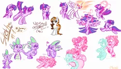 Size: 3500x2000 | Tagged: safe, artist:imarieu, banned from derpibooru, deleted from derpibooru, derpibooru import, lyra heartstrings, pinkie pie, spike, twilight sparkle, twilight sparkle (alicorn), oc, alicorn, pony, eyes closed, female, glowing eyes, magic, mare, sketch