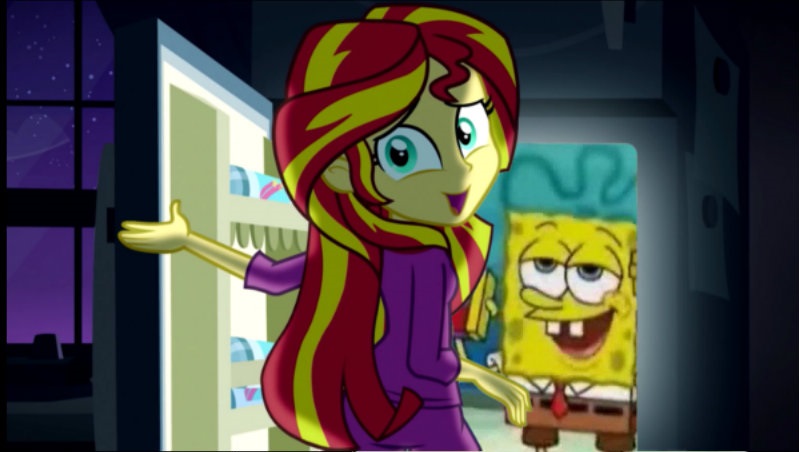Size: 799x452 | Tagged: safe, banned from derpibooru, deleted from derpibooru, derpibooru import, sunset shimmer, equestria girls, rainbow rocks, chocolate, chocolate with nuts, exploitable meme, food, image, jpeg, meme, obligatory pony, pinkie's refrigerator, spongebob squarepants, spongebob squarepants (character)