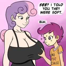Size: 945x945 | Tagged: suggestive, artist:megasweet, artist:samoyena, banned from derpibooru, deleted from derpibooru, derpibooru import, edit, scootaloo, sweetie belle, human, adult, big breasts, breast expansion, breast grab, breasts, busty sweetie belle, cleavage, female, grope, growth, huge breasts, humanized, no fat chicks, older