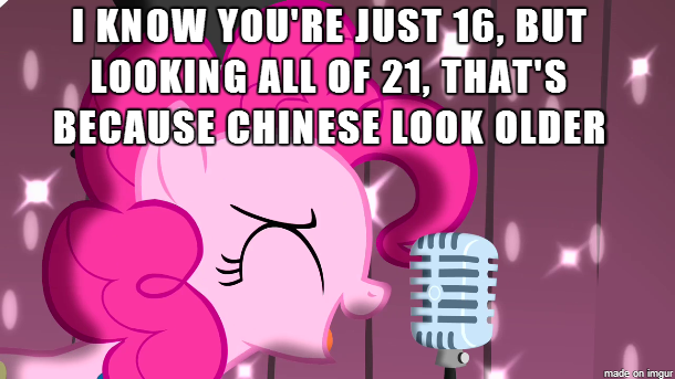 Size: 610x343 | Tagged: safe, banned from derpibooru, deleted from derpibooru, derpibooru import, pinkie pie, chinese text, karl pilkington, microphone, racism, singing, song reference, stereotype