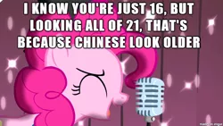 Size: 610x343 | Tagged: safe, banned from derpibooru, deleted from derpibooru, derpibooru import, pinkie pie, chinese text, karl pilkington, microphone, racism, singing, song reference, stereotype