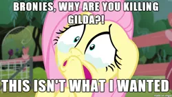 Size: 610x343 | Tagged: semi-grimdark, banned from derpibooru, deleted from derpibooru, derpibooru import, fluttershy, gilda, caption, image macro, meme, murder, text, truth