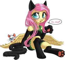 Size: 928x861 | Tagged: safe, artist:kittehkatbar, banned from derpibooru, deleted from derpibooru, derpibooru import, angel bunny, fluttershy, anthro, cat, semi-anthro, cat ears, clothes, costume, cute, evening gloves, gloves, hooves, long gloves, paws, rawr, solo, stockings, thigh highs