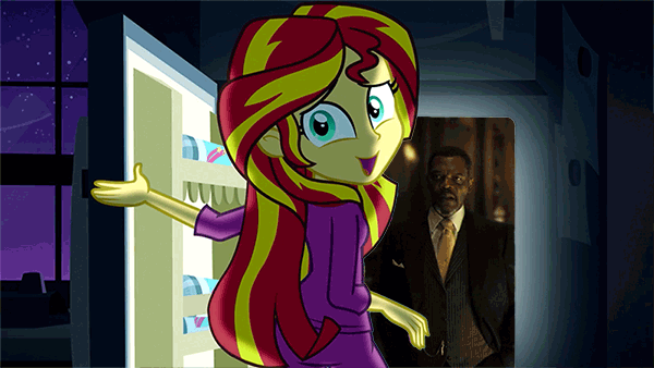 Size: 600x338 | Tagged: safe, banned from derpibooru, deleted from derpibooru, derpibooru import, sunset shimmer, equestria girls, rainbow rocks, 1408, animated, crossover, exploitable meme, meme, obligatory pony, pinkie's refrigerator