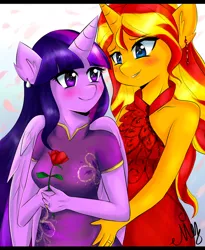 Size: 600x731 | Tagged: safe, artist:pastelmistress, banned from derpibooru, deleted from derpibooru, derpibooru import, sunset shimmer, twilight sparkle, twilight sparkle (alicorn), alicorn, anthro, blushing, cheongsam, clothes, female, lesbian, shipping, sunsetsparkle