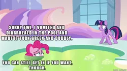 Size: 610x343 | Tagged: safe, banned from derpibooru, deleted from derpibooru, derpibooru import, pinkie pie, twilight sparkle, caption, diarrhea, disgusting, eww, gross, image macro, meme, nasty, pooping, pukie pie, sick, text, vomit