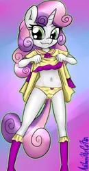 Size: 1150x2212 | Tagged: suggestive, artist:anibaruthecat, banned from derpibooru, deleted from derpibooru, derpibooru import, sweetie belle, anthro, belly button, breasts, clothes, delicious flat chest, dress, exhibitionism, female, frilly underwear, lolicon, panties, skirt, skirt lift, solo, solo female, underage, underwear, yellow underwear
