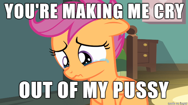 Size: 610x343 | Tagged: questionable, banned from derpibooru, deleted from derpibooru, derpibooru import, screencap, scootaloo, caption, crying, foalcon, horny, image macro, implied vaginal secretions, meme, text, underage, vulgar, wat