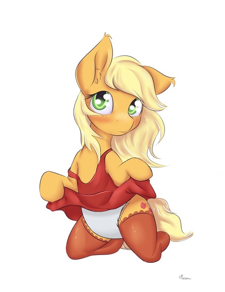 Size: 1000x1300 | Tagged: questionable, artist:alasou, artist:penjacker, banned from derpibooru, deleted from derpibooru, derpibooru import, edit, applejack, adorasexy, bad anatomy, clothes, cute, diaper, diaper edit, diaper fetish, female, fetish, loose hair, nightgown, sexy, socks, solo, solo female, stockings, thigh highs