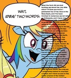 Size: 332x365 | Tagged: safe, banned from derpibooru, deleted from derpibooru, derpibooru import, rainbow dash, copypasta, exploitable meme, irony, meme, navy seal copypasta, obligatory pony, picture for nats, two words meme, vulgar