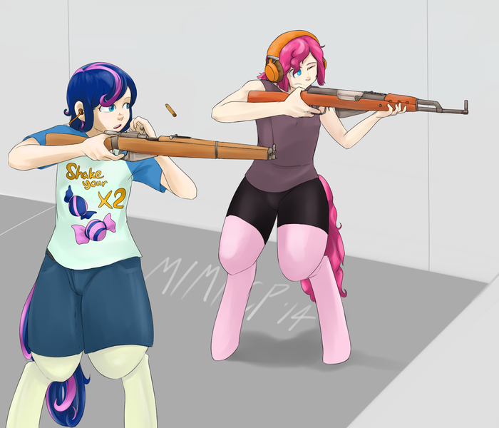 Size: 1400x1200 | Tagged: safe, artist:mimicpony, banned from derpibooru, deleted from derpibooru, derpibooru import, oc, oc:gumdrop, oc:mumble, unofficial characters only, satyr, gun, lee enfield, left handed, parent:bon bon, parent:pinkie pie, rifle, sks, weapon