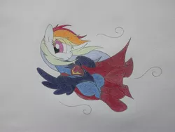 Size: 2048x1536 | Tagged: safe, artist:onlytheponies, banned from derpibooru, deleted from derpibooru, derpibooru import, rainbow dash, dc comics, flying, solo, superman, traditional art